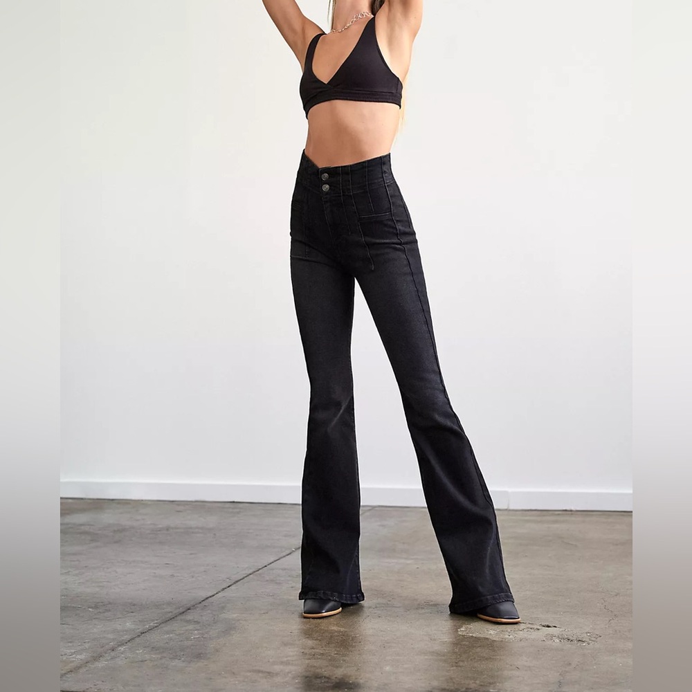 Free People - High Waisted Black Washed Jayde Flare Denim - Size 26